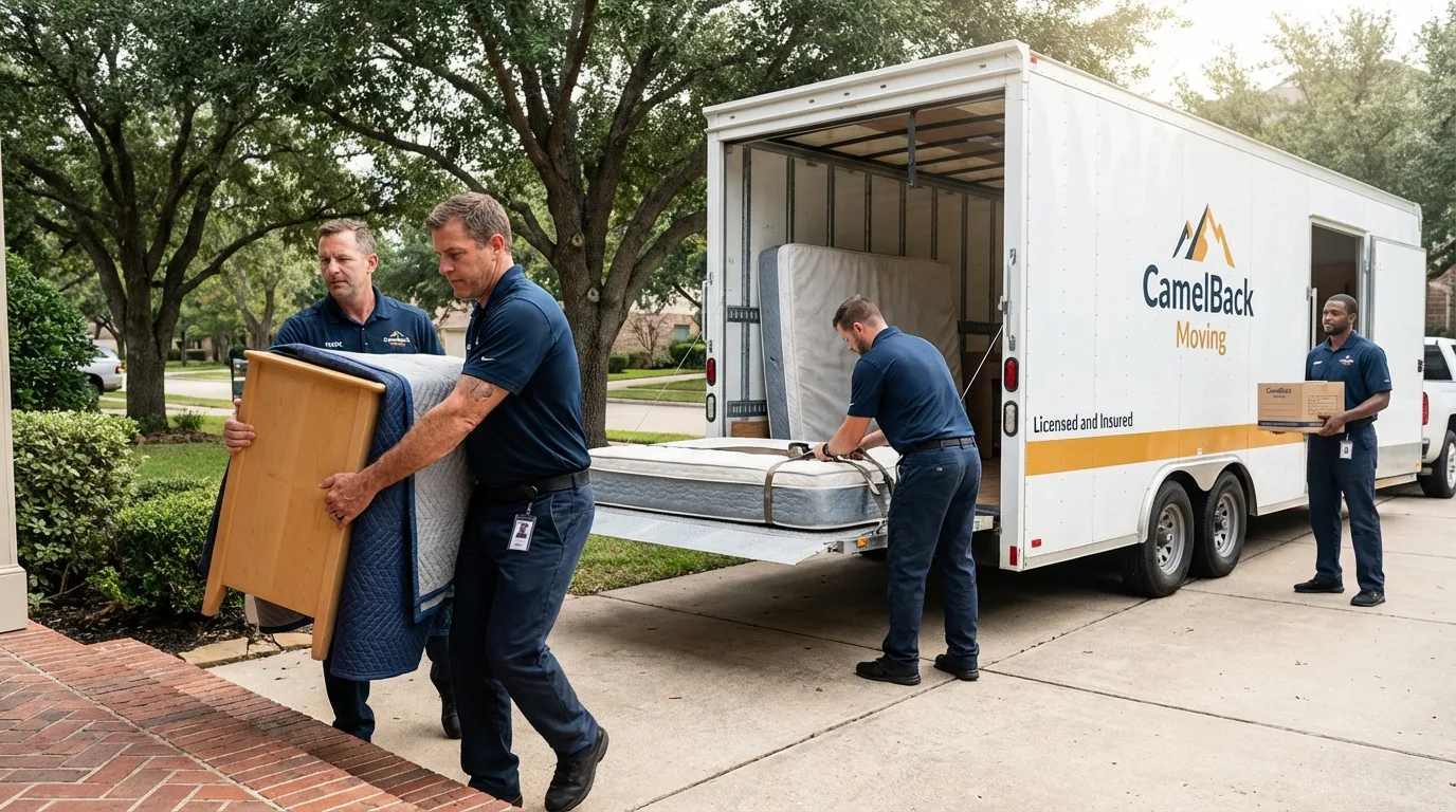Crew loading residential truck for cross-state move from Long Beach, WA