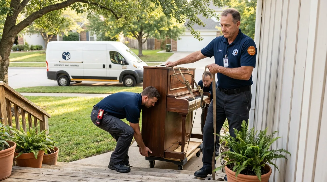 Licensed piano movers securing grand piano in Long Beach, WA