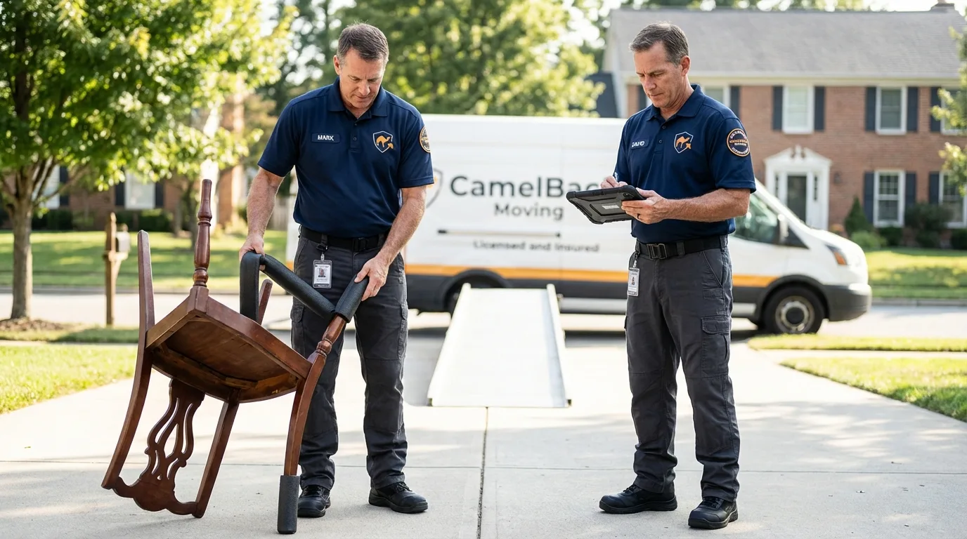 Movers inspecting furniture for damage prevention before loading in Long Beach, WA