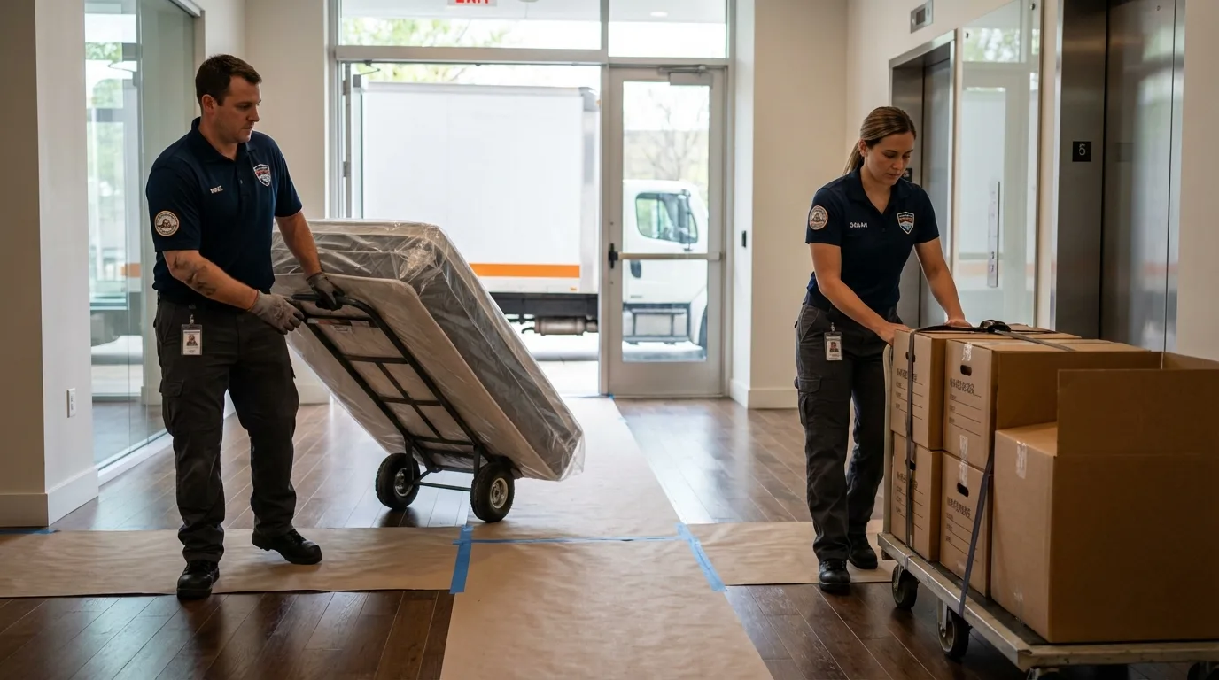 Professional apartment movers loading elevator in Long Beach, WA